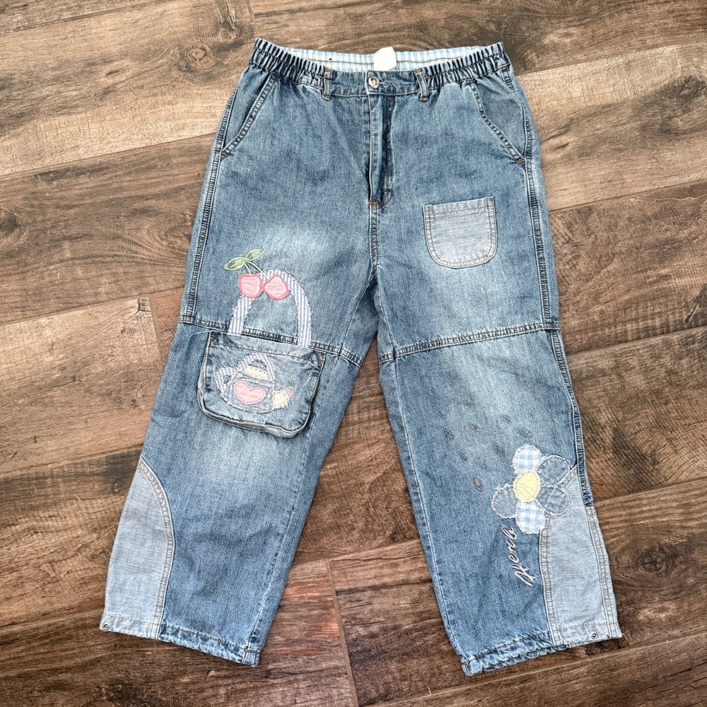 Riff Women's Cottagecore Floral‎ Patchwork Embroidered Crop Jeans,Light Wash,L